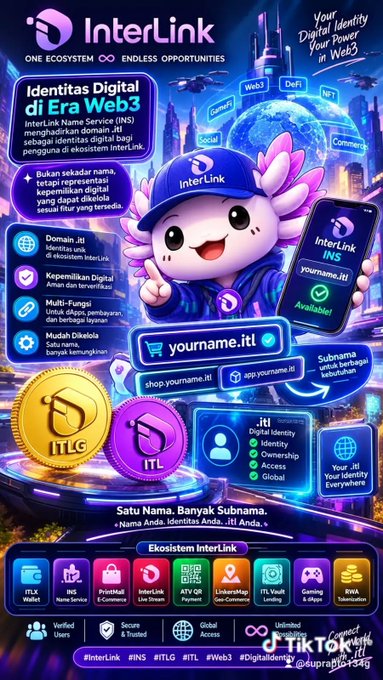 A promotional poster for InterLink, a Web3 digital identity service, features a cartoon mascot and lists features like domain .itl, digital identity, and various ecosystem services.