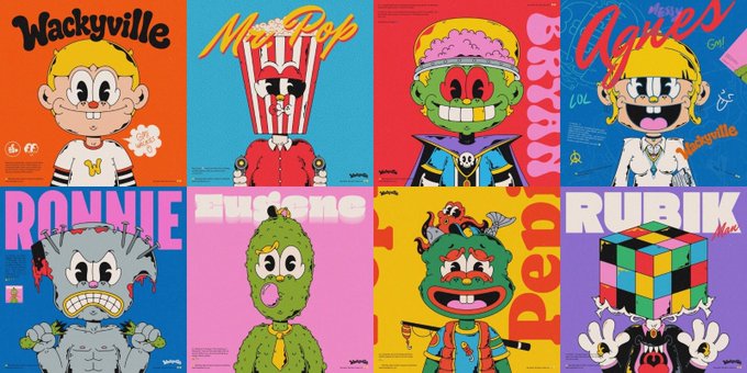 A vibrant 2x4 grid of eight cartoon-style NFT character portraits with bold colored backgrounds, each labeled with playful names like "Wackyville," "MacPop," "Agnes," "Ronnie," "Buggione," "Pedro," and "Rubik," showcasing the artistic style of the Wacky Ville collection mentioned in the post.