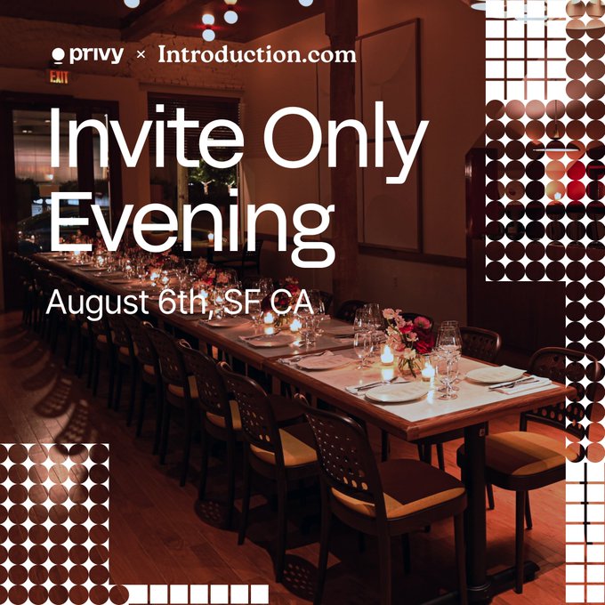 A promotional graphic for a "privy × Introduction.com" Invite Only Evening on August 6th in SF, CA, overlaid on a photo of an elegant candlelit private dining table setup that matches the intimate penthouse dinner described in the post.