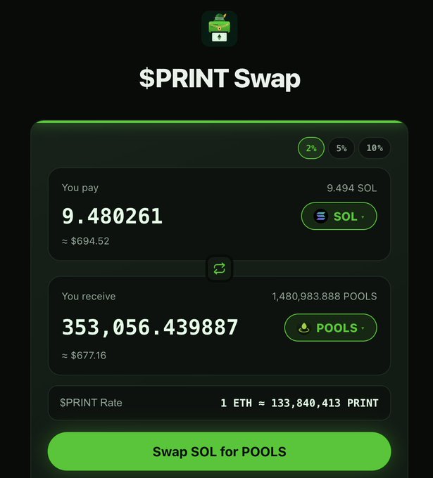 A dark-themed cryptocurrency swap interface titled '$PRINT Swap' showing an exchange of '9.480261 SOL' for '353,056.439887 POOLS' with a button to 'Swap SOL for POOLS'.