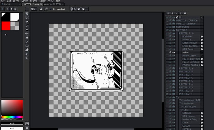 A screenshot of a digital art editor (Pyxel Edit) showing a small black-and-white pixel art canvas in the center, surrounded by toolbars and layer panels.