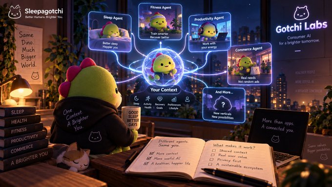 A promotional illustration for 'Sleepagotchi' by Gotchi Labs, showing a cute green character connected to various AI agents (Sleep, Fitness, Productivity, Commerce) with the tagline 'Same Dino. Much Bigger World.'