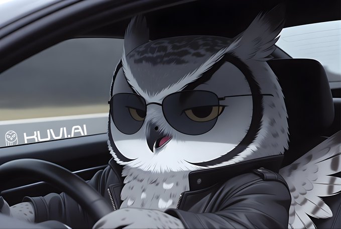 The image features a cartoon owl wearing sunglasses and a leather jacket, sitting inside a car with its head out of the window. The owl appears to be driving the car while wearing sunglasses and a leather jacket. The background shows a road or highway, suggesting that they are on a journey together.