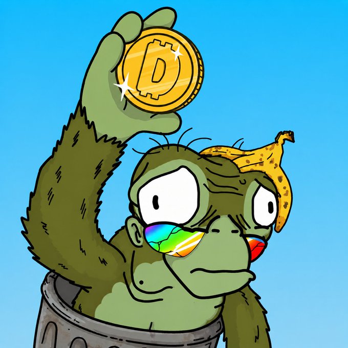 A cartoon green monkey character with a banana peel on its head and rainbow-colored glasses holds up a large gold Dogecoin (D) coin.