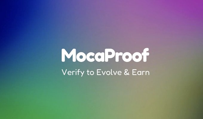 The image features a logo for a platform called MocaProfe that verifies users' identities through a process of evolving and earning points. The logo displays the words "MocaProfe" written in white, with the phrase "Verify to Evolve & Earn" written below it in black text. The background color is a gradient of blue, green, purple, and pink hues.