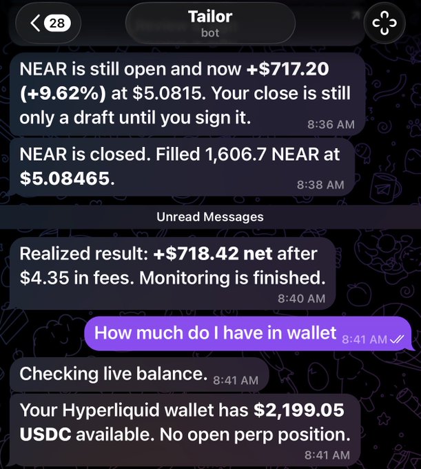 A Telegram chat with 'Tailor bot' showing a NEAR trading position with a realized result of +$718.42 net, and a Hyperliquid wallet balance of $2,199.05 USDC.