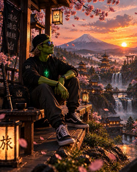 A green-skinned figure wearing sunglasses and a glowing necklace sits on a wooden balcony overlooking a fantasy Japanese landscape with Mount Fuji, pagodas, waterfalls, and cherry blossoms at sunset.