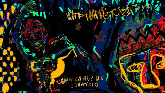 A vibrant, abstract painting featuring stylized figures in bold colors with text reading 'WHAT HAPPENED TO?' and 'FIGHT FOR YOUR MIND' rendered in a graffiti-like style.