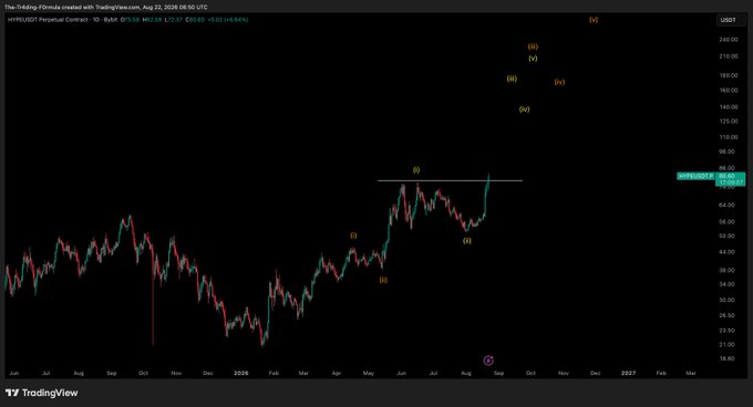 A TradingView daily chart of Hyperliquid's perpetual contract ($HYPE) on August 22, 2026, shows the token breaking out above ~$85 resistance with bullish Elliott Wave-style annotations marking waves (i) through (v) projecting toward $240, supporting the post's claim that HYPE could be a major bull run play.