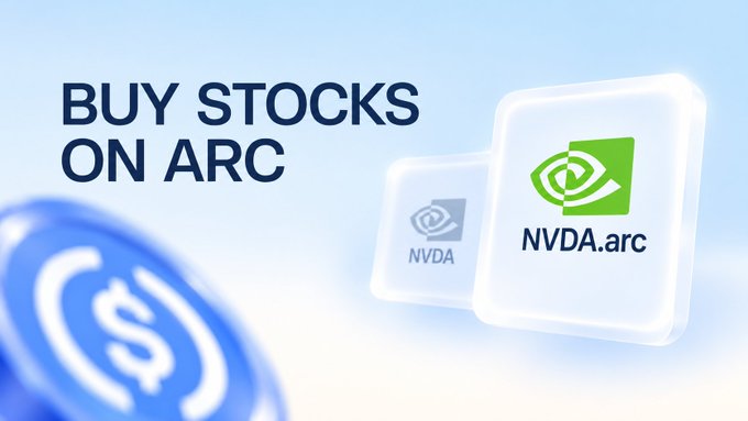 A promotional graphic reading 'BUY STOCKS ON ARC' featuring NVDA.arc and NVDA token icons alongside a USDC coin on a light blue background.