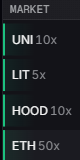 Mobile app menu showing crypto market leverage options: UNI 10x, LIT 5x, HOOD 10x, and ETH 50x.