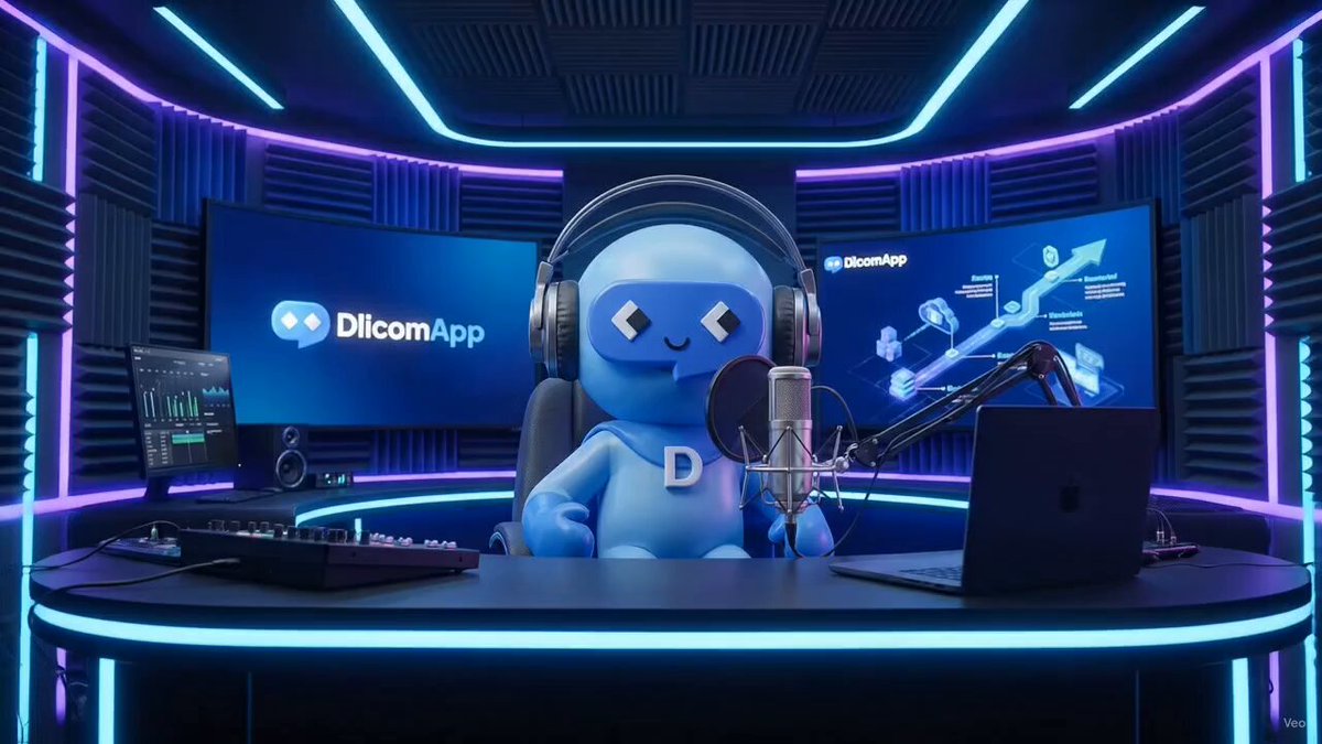 The image shows a cartoon blue robot sitting at a desk with headphones on its head, surrounded by various electronic equipment such as a laptop computer, microphone, and TV screens displaying information about Dlicom App. The scene suggests that the robot might be involved in creating or managing content related to the Dlicom App, possibly working in an audio studio or podcast production environment.