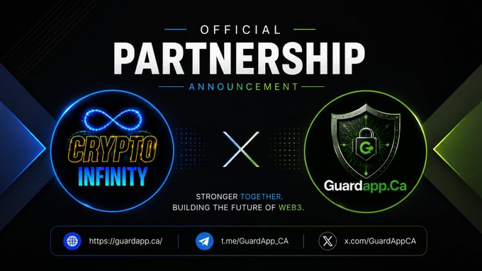 An official partnership announcement banner between 'Crypto Infinity' and 'Guardapp.ca' with the tagline 'Stronger Together, Building the Future of Web3' and social/website links.