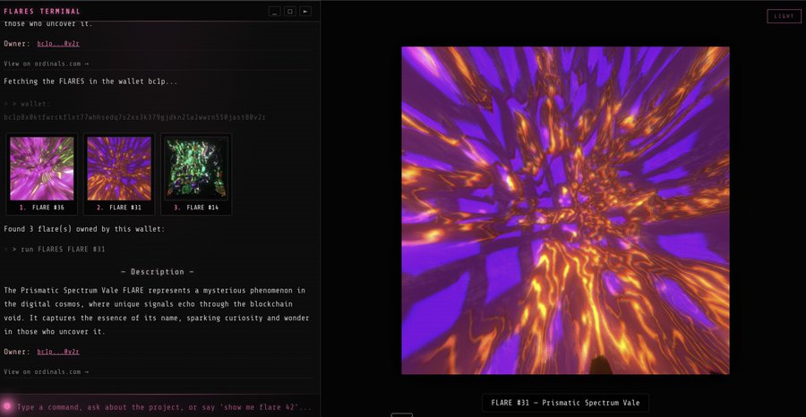 A 'FLARES TERMINAL' interface displays three blockchain-based digital art NFTs, with 'FLARE #31 - Prismatic Spectrum Vale' shown in detail alongside a wallet address ending in 'bxir'.