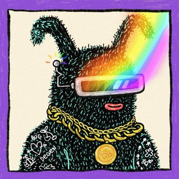 A colorful, psychedelic-style drawing features a black furry creature wearing futuristic rainbow visors and a large gold chain necklace, with a small face icon pinned to its chest, against a purple background.
