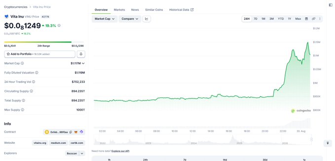 A CoinGecko price chart for Vita Inu Price (VINU) showing the token trading at $0.0₁1249 (+19.3%), with a dramatic spike on the 24-hour chart from around $0.0₁1 to over $1.15M, accompanied by a 702.23% 24-hour trading volume increase—visually confirming the start of the "$VINU bull run."