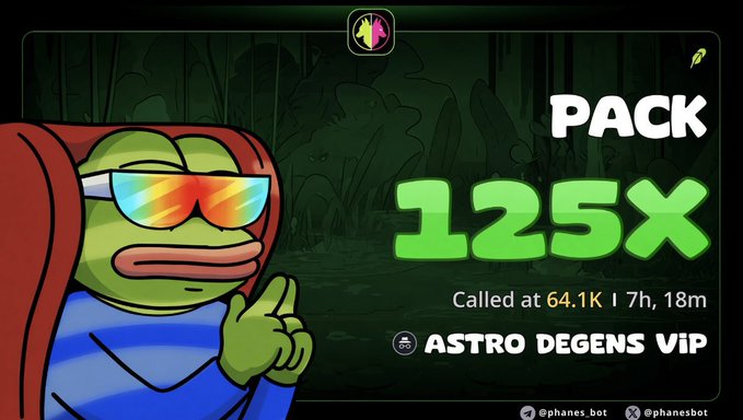 A Pepe the Frog meme image with sunglasses making a hand gesture, advertising a 'PACK 125X' called at 64.1K with 7h, 18m remaining, from ASTRO DEGENS VIP (@phanes_bot).