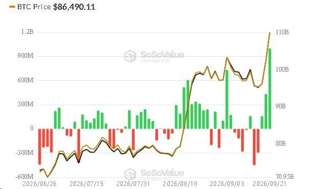 A financial chart from SoSoValue showing BTC Price at $86,490.11, displaying green and red bars along with a line graph tracking values from June to September 2026.