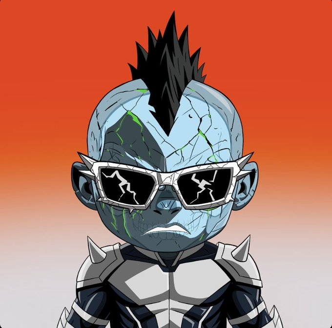 A cartoon illustration of a baby character with a spiked mohawk, cracked blue skin with green glowing veins, wearing broken sunglasses and spiked shoulder armor against an orange gradient background.