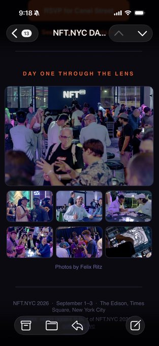 A mobile screen showing a webpage titled "NFT.NYC DA..." featuring "DAY ONE THROUGH THE LENS" with a photo gallery credited to Felix Ritz and event details for NFT.NYC 2026, September 1-3, at The Edison, Times Square, New York City.
