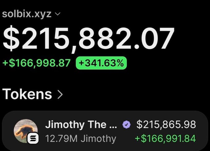 The image shows a screenshot of the wallet solbix.xyz displaying a balance of $215,882.07 with a gain of +$166,998.87 (+341.63%), holding 12.79M $Jimothy tokens now worth $215,865.98, illustrating the post's claim of a massive multi-x return on a $Jimothy investment.