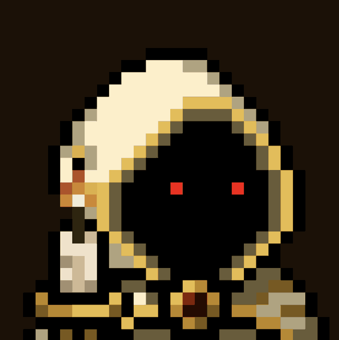 Pixel art of a mysterious hooded figure with glowing red eyes, wearing gold and dark robes, from the video game Darkest Dungeon.