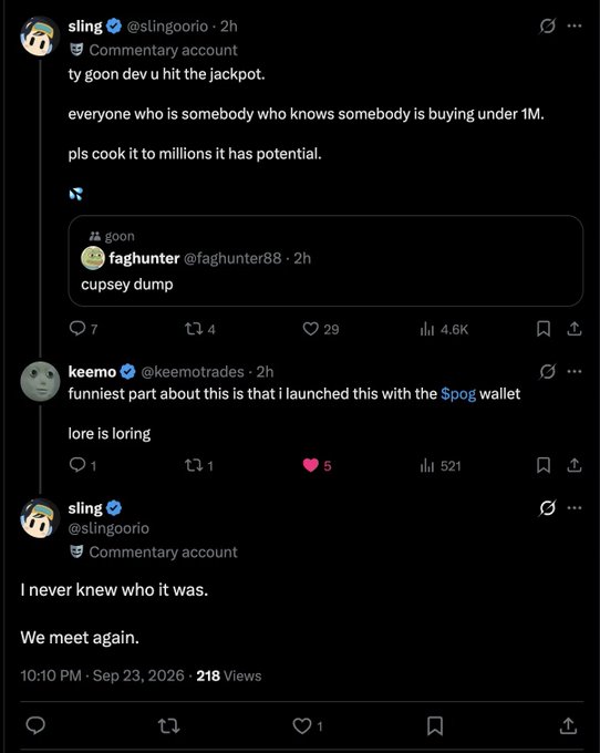 Screenshot of a Twitter/X thread from accounts @slingoorio, @faghunter88, and @keemotrades discussing a meme token launch and wallet-related topics, dated Sep 23, 2026.