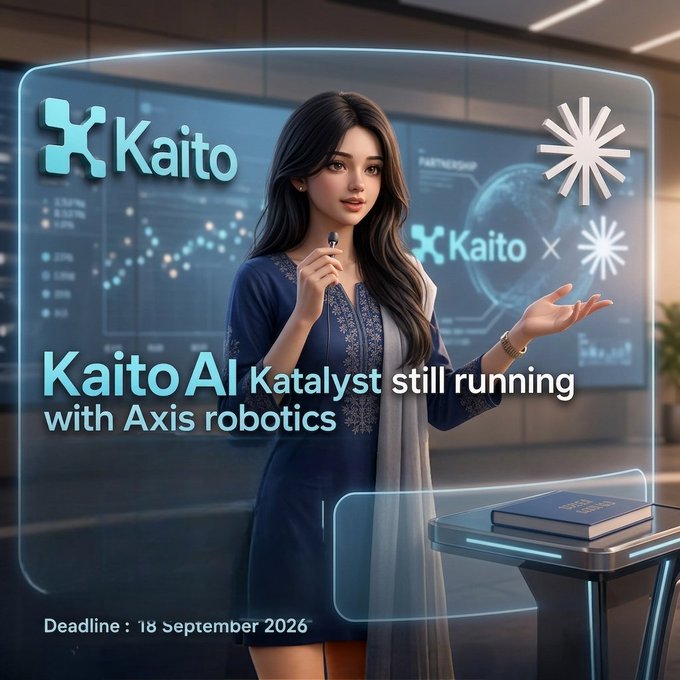 A digital illustration of an animated woman in a suit standing in front of a glowing screen, promoting 'Kaito AI' with the text 'Kaito AI Katalyst still running with Axis robotics' and a deadline of 18 September 2026.