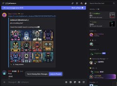 A Discord server screenshot titled 'moneymachine' showing a chat channel and a grid of pixel art NFT-style character images.