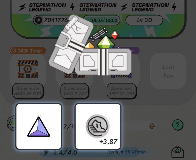 A screenshot of the STEPN Legend mobile app interface displaying a user's "STEPNATHON LEGEND" progress at 100.0/100.0 and Lv 30, with various upgradeable items, a loot box, and a ghost sneaker icon showing "+3.87" stats. The Japanese hashtag post references サロマ and STEPN/STEPNGO, suggesting the user is sharing their gameplay achievements in the move-to-earn fitness app.