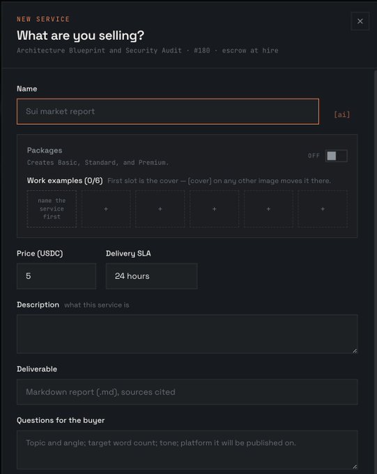 A dark-themed 'NEW SERVICE' form titled 'What are you selling?' for an 'Architecture Blueprint and Security Audit' (#180, escrow at hire), with the service named 'Sui market report' priced at 5 USDC with a 24-hour delivery SLA.