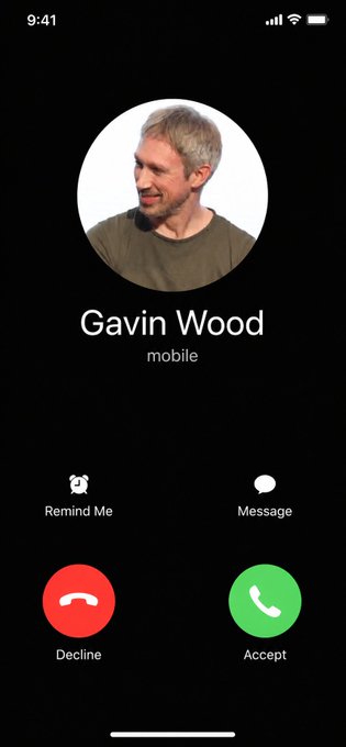An incoming call screen on a mobile phone shows "Gavin Wood" calling via mobile, with Decline (red) and Accept (green) buttons displayed. The image visually represents the social media post inviting followers to imagine receiving a call from Gavin Wood, the Polkadot founder and Ethereum co-founder.