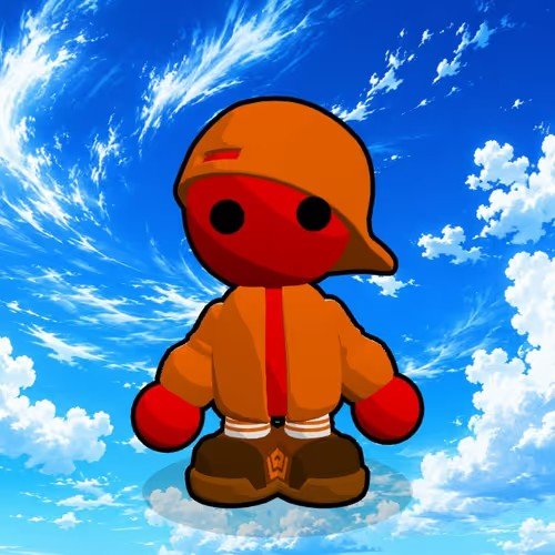 A cartoon-style red-skinned character wearing an orange cap and hoodie with red boxing gloves and brown boots, standing against a blue sky background with scattered clouds.