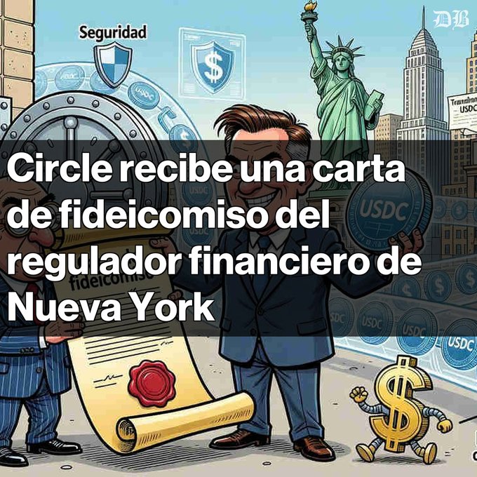 This cartoon illustration depicts Circle receiving a "fideicomiso" (trust charter) from the New York financial regulator, visually representing the news that the NYDFS has granted Circle Internet Trust Company a limited purpose trust charter for USDC. The imagery uses symbols like the Statue of Liberty and a large scroll to emphasize the regulatory milestone in New York.