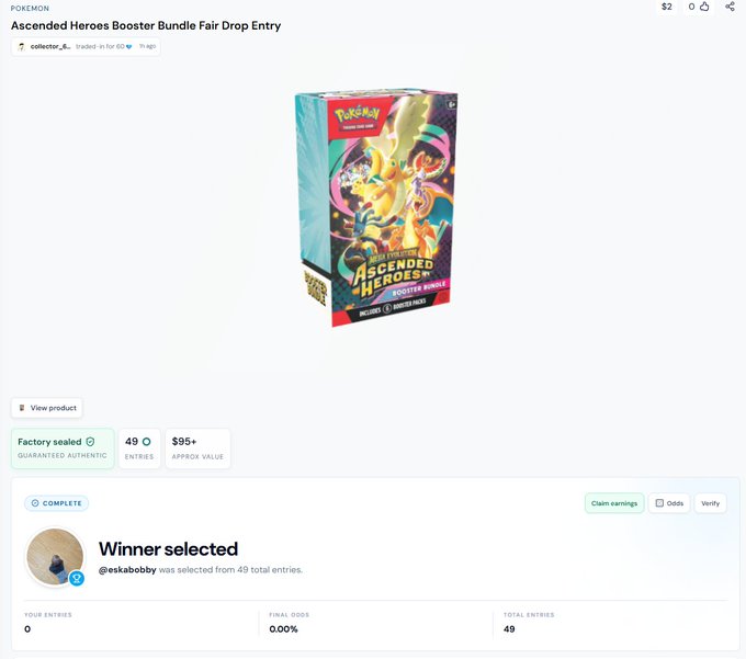Screenshot of a Pokemon 'Ascended Heroes Booster Bundle Fair Drop Entry' on collector_x showing 49 entries with a winner (@eskabobby) selected, valued at $95+.