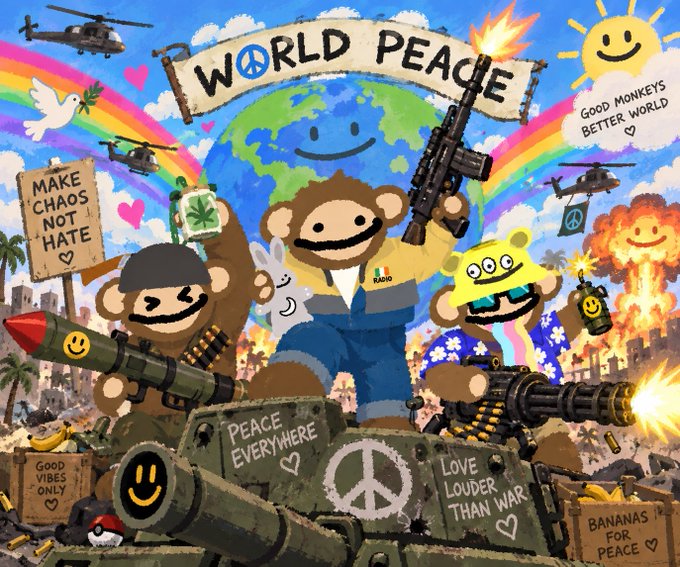 A chaotic, satirical illustration titled "WORLD PEACE" featuring cartoon monkeys in military gear wielding weapons alongside smiling suns, doves, and rainbows, with signs reading "MAKE CHAOS NOT HATE," "GOOD VIBES ONLY," "LOVE LOUDER THAN WAR," "BANANAS FOR PEACE," and "GOOD MONKEYS BETTER WORLD." The absurd juxtaposition of militant imagery with peace slogans mirrors the post's ironic $PUPS reference, blending warfare aesthetics with monkey/banana motifs to evoke a meme-style chaos-for-peace commentary.