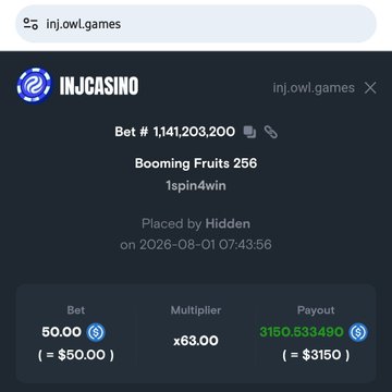 A bet slip from INJCASINO (inj.owl.games) shows user "Hidden" winning $3,150.53 on Booming Fruits 256, with a $50.00 bet turned into a 63.00x multiplier payout, matching the caption's claim of a 63x hit.