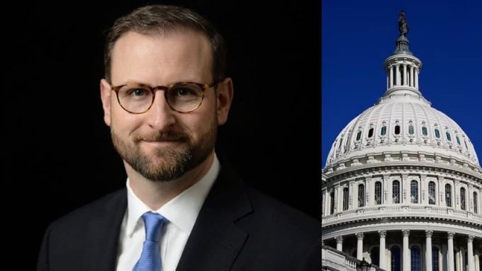 A split image showing a portrait of a bearded man in glasses and a suit on the left, and the U.S. Capitol dome on the right.