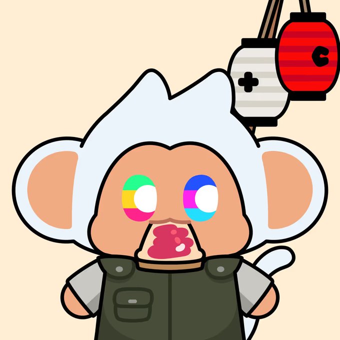A cartoon illustration of a white monkey-like character with multicolored CMYK-style eyes, wearing an olive green outfit, with a pink cupcake on its face and red and white Japanese lanterns in the background.