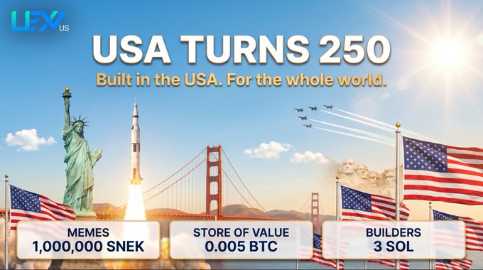 A patriotic promotional graphic celebrating "USA TURNS 250" with the tagline "Built in the USA. For the whole world," featuring iconic American imagery (Statue of Liberty, Golden Gate Bridge, rocket launch, military jets, and Mount Rushmore) alongside UEX.US branding and a giveaway announcement for 1,000,000 SNEK tokens.
