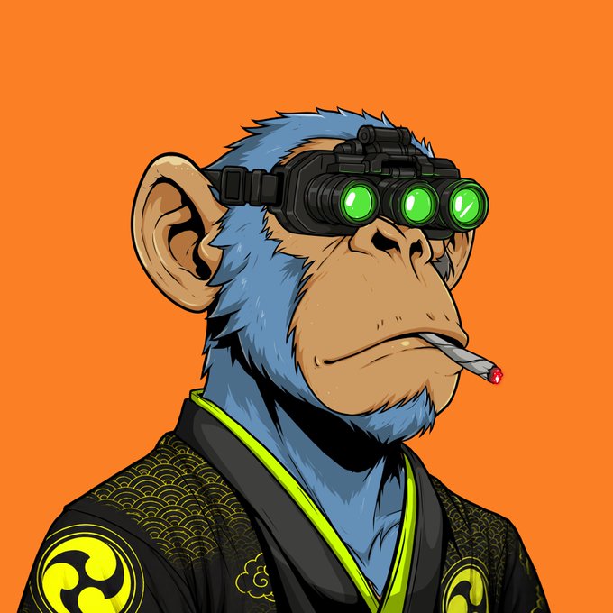 A stylized digital illustration shows a blue-furred monkey wearing green-lit tactical night-vision goggles and a black patterned kimono, smoking a cigarette against an orange background.