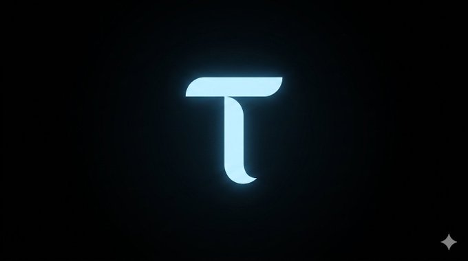 A glowing light blue logo resembling the letter 'T' on a black background.