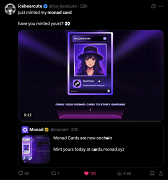 A tweet from @ice_bearcute announcing 'just minted my monad card' with an attached video showcasing the Monad NFT minting card interface on monad.xyz.