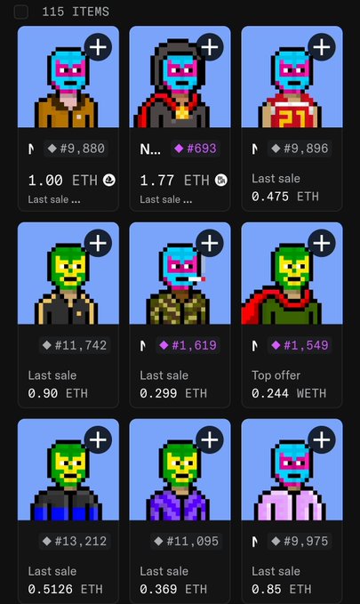 An NFT marketplace displays 115 items featuring pixel art character avatars with various colored faces (pink, green) and outfits, with prices listed in ETH and diamond counts such as "1.00 ETH", "1.77 ETH", and "#693".