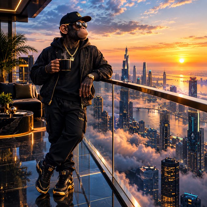 An AI-rendered scene of a monkey in streetwear clothing holding a coffee cup on a luxury balcony overlooking a futuristic cityscape at sunset.