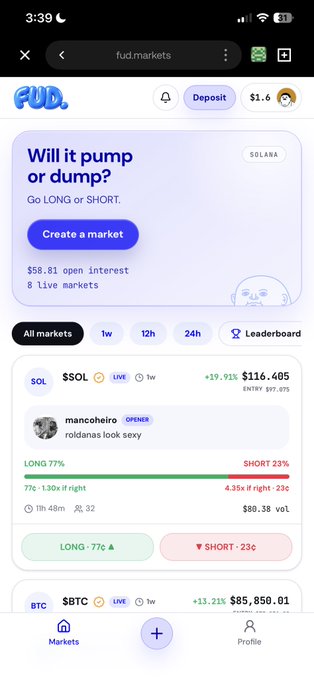 A mobile screenshot of the fud.markets prediction platform showing a SOL market on Solana with a 77/23 LONG/SHORT split, displaying $116,605 entry price and market creator mancoheiro.