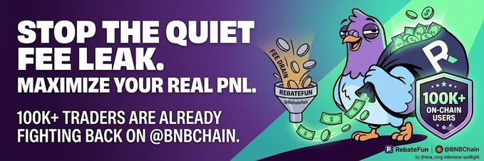 An advertisement banner reading 'STOP THE QUIET FEE LEAK. MAXIMIZE YOUR REAL PNL. 100K+ TRADERS ARE ALREADY FIGHTING BACK ON @BNBCHAIN,' featuring a cartoon pigeon holding a money bag and a '100K+ ON-CHAIN USERS' badge.