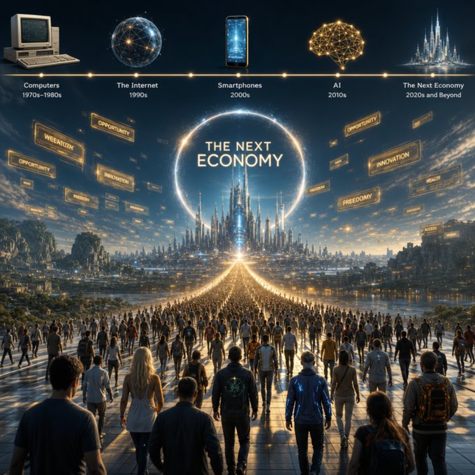 A futuristic digital landscape shows a diverse crowd walking toward a glowing metropolis beneath the text "THE NEXT ECONOMY," with a timeline across the top tracking technological eras from "Computers 1970s-1980s" through "The Internet 1990s," "Smartphones 2000s," "AI 2010s," to "The Next Economy 2020s and Beyond," while floating keywords like "WEALTH," "OPPORTUNITY," "INNOVATION," and "FREEDOM" reinforce the post's message about emerging billion-dollar industries.
