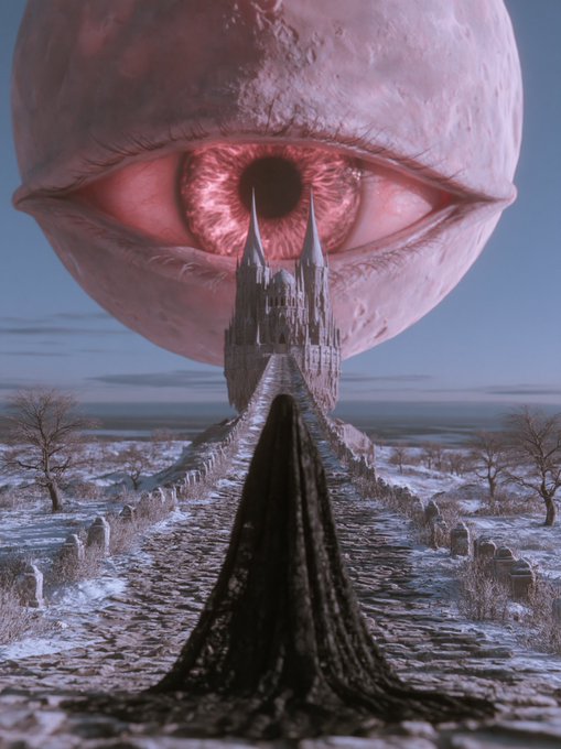A surreal digital artwork depicts a massive, disembodied pink eye hovering above a snow-dusted landscape, with a gothic castle rising from its pupil and a dark, textured path leading toward it.