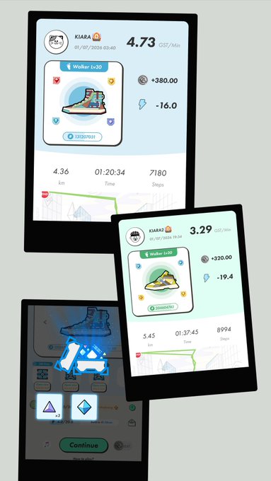 A collage of three screenshots from the STEPN app showing running statistics for users Kiara and LAGER, with details like 'Walker Lv20', 'Jogger Lv30', GST/Min earnings, shoe upgrades, and run maps.